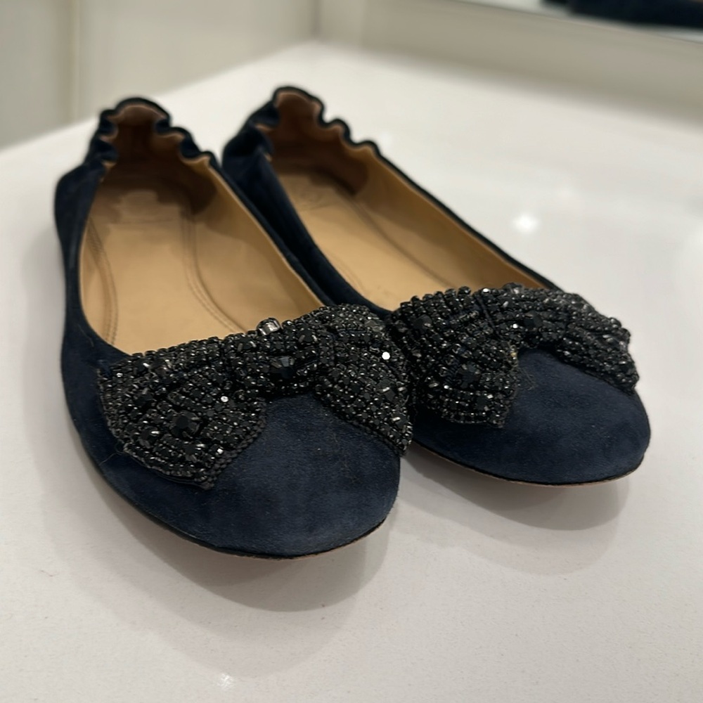 Tory Burch ballet flats - navy with black bedazzled bow - size 8.5